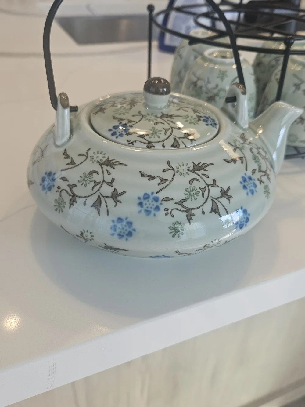 Pier 1 Import Tomoko Tea Set, Japanese Green Floral Ceramic Teapot with 4 Cups